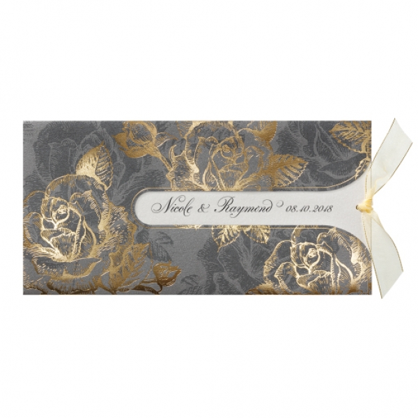 Trouwkaart Luxe pochette trouwkaart met originele uitsnede, goudfolie en strikje