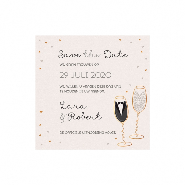 Trouwkaart Save the date - Mr  Mrs in een champagneglas