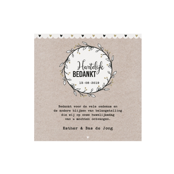 Trouwkaart Save the date passend bij Originele trouwkaart in vorm van een slinger met leuke gouddetails