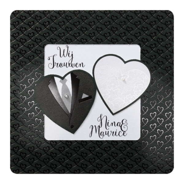Trouwkaart Stijlvolle trouwkaart met zwart & wit hartje en luxe details