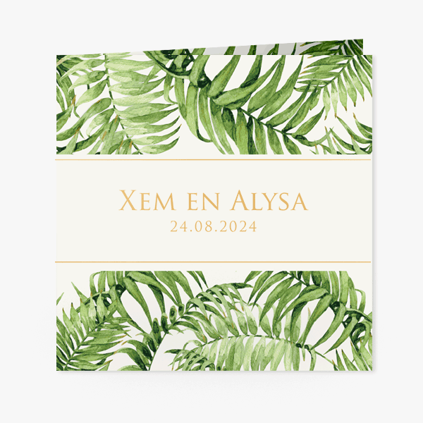 Trouwkaart tropische groene bladeren met lijn en tekst in goud