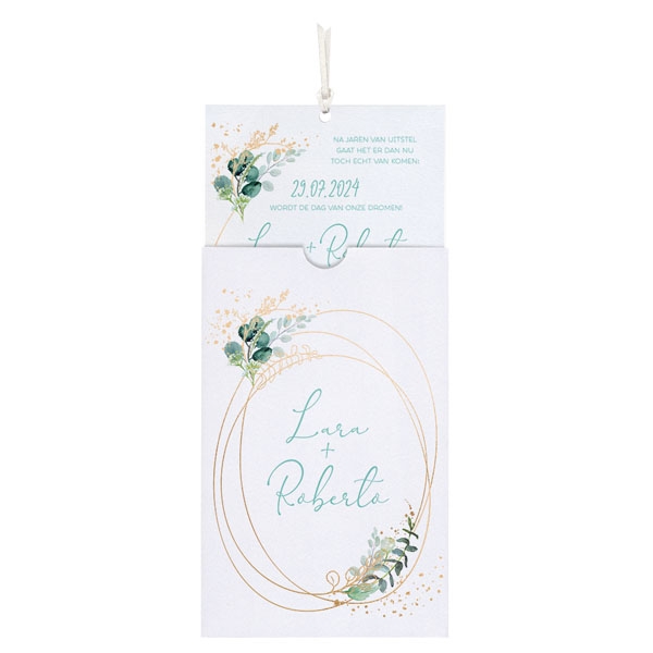 Uittrekbare trouwkaart in botanische sferen met gouden folie details